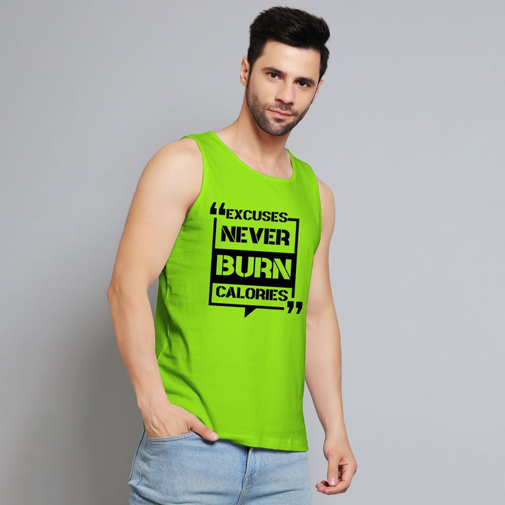 Juxar men's green sleeveless tank top with black text excuses never burn calories shirt graphic