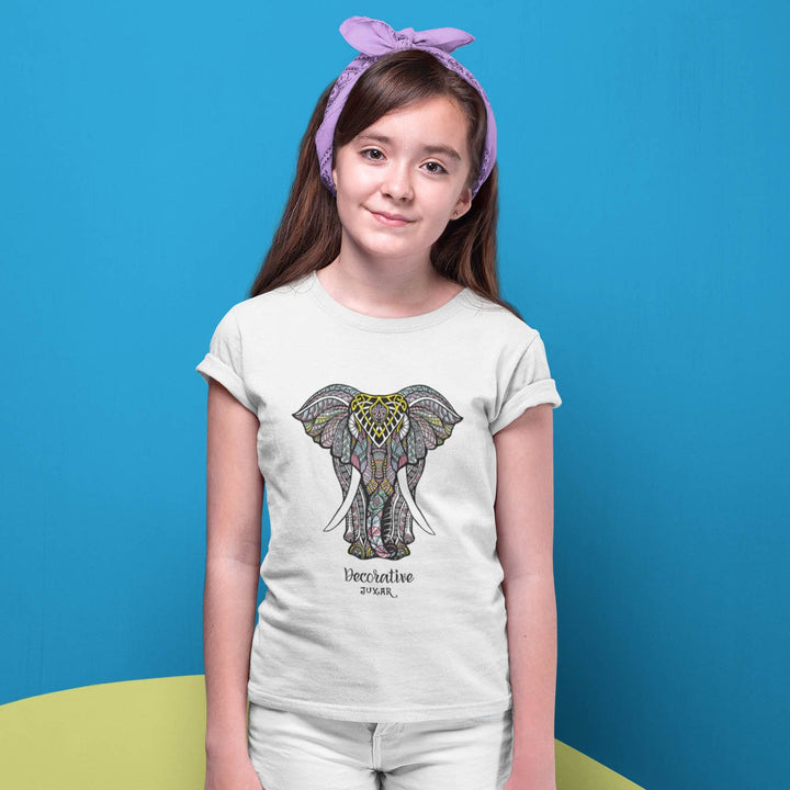 Juxar girls slogan t shirt white with colorful decorative elephant print worn by smiling girl