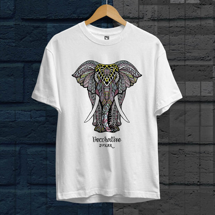 Juxar white girls slogan t shirt featuring multicolor decorative elephant graphic and Decorative Juxar text