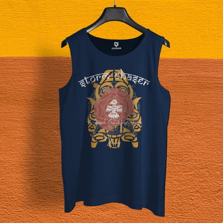 Juxar mens graphic muscle sando in navy blue with tribal design on front