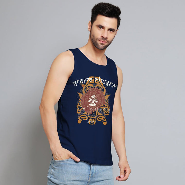 Juxar mens graphic muscle sando in navy blue with a bold yellow and red printed design