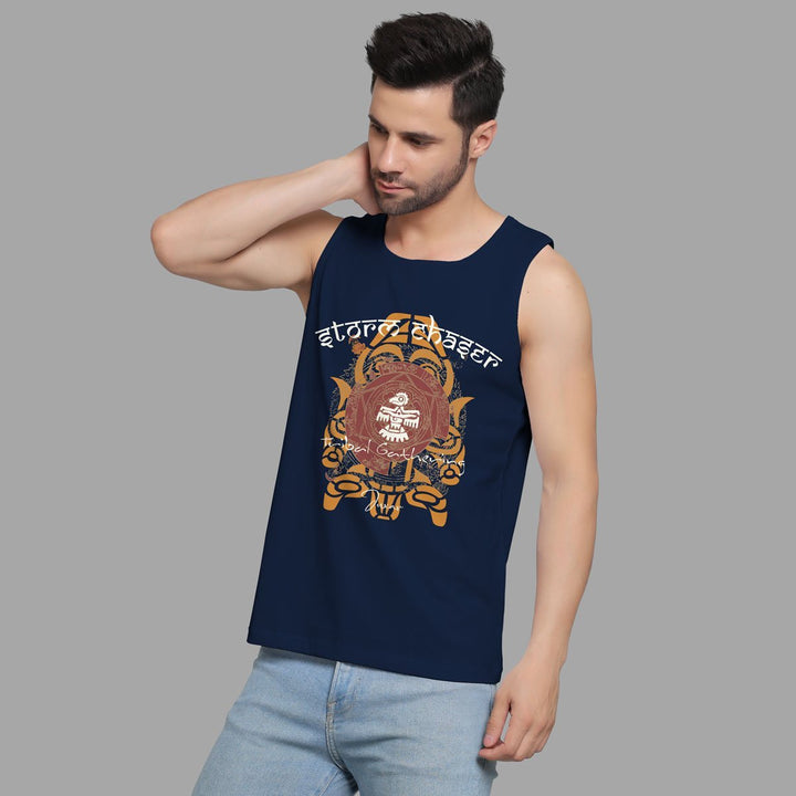 Juxar mens graphic muscle sando in navy blue with artistic front print and sleeveless design