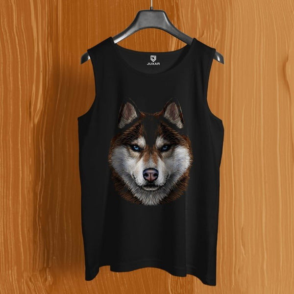 Juxar mens black animal lover workout tank with realistic husky dog face graphic