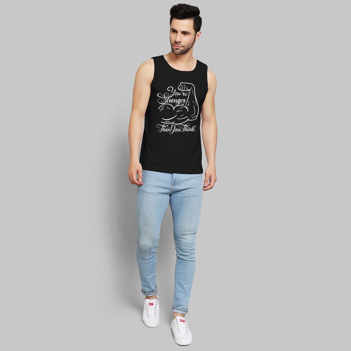 Juxar black sando for men with graphic print paired with light blue jeans and white sneakers