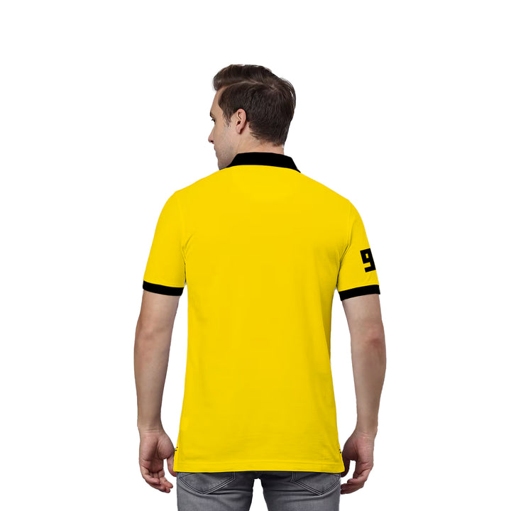 Juxar designer cotton polo tee back view yellow with black collar and sleeve trim slim fit casual short sleeve
