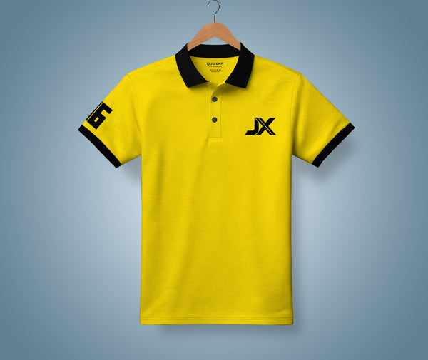Juxar yellow designer cotton polo tee with black collar and sleeve trim JX logo and sleeve number 6
