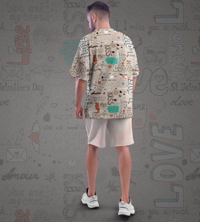 Juxar designer oversized printed t shirt beige doodle heart and love pattern on male model back view