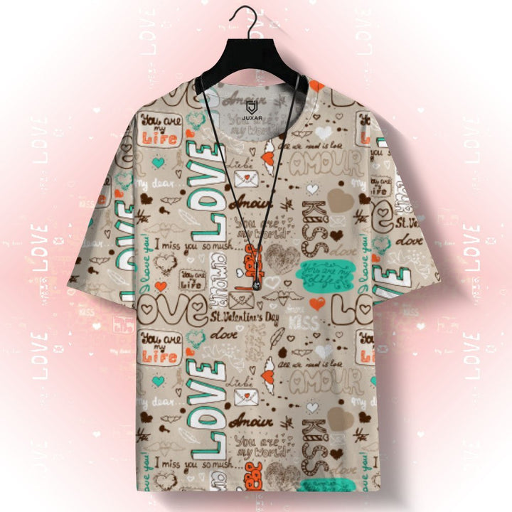 Juxar designer oversized printed t shirt beige love doodle print with teal and orange accents on hanger