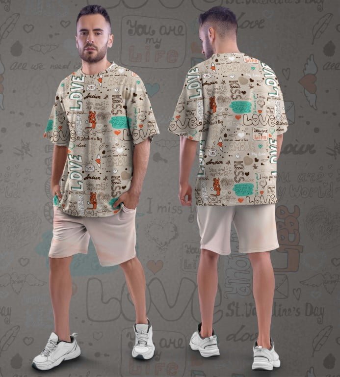 Juxar designer oversized printed t shirt beige doodle love pattern front and back view on male model