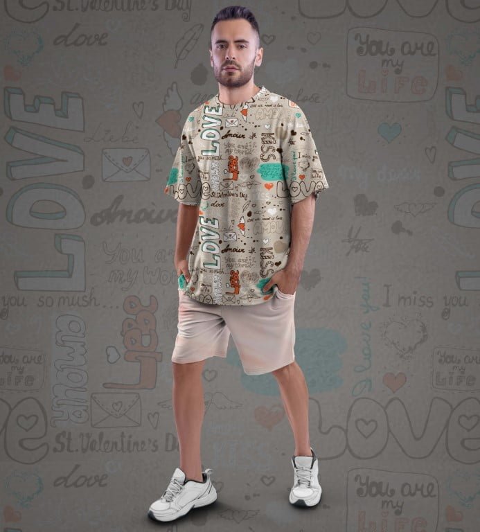 Juxar designer oversized printed t shirt beige Valentine love print on male model with shorts and sneakers