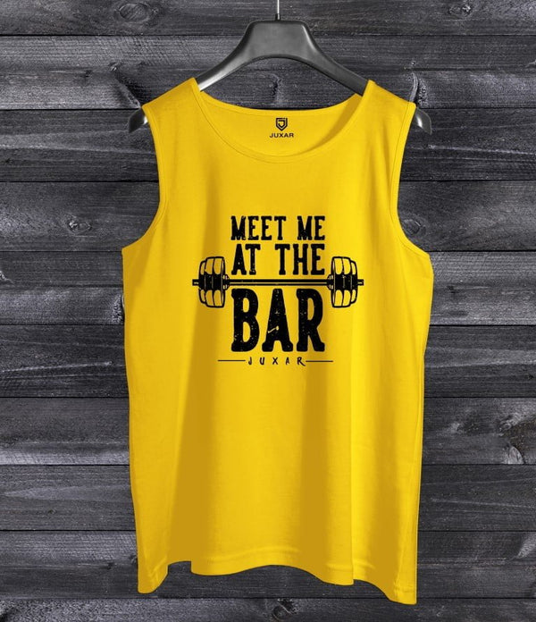 Juxar yellow sleeveless tank top with Meet Me At The Bar graphic for 2025 fashion sando for men