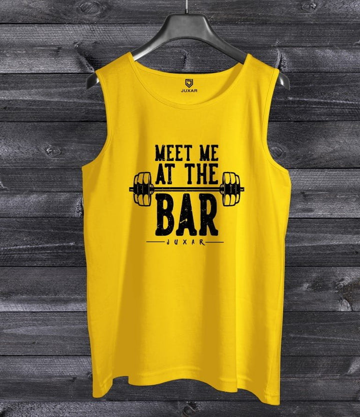 Juxar yellow sleeveless tank top with Meet Me At The Bar graphic for 2025 fashion sando for men
