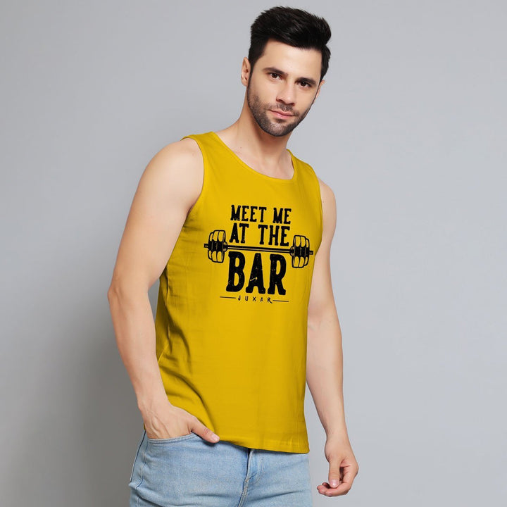Juxar yellow 2025 fashion sando for men with Meet Me at the Bar graphic and sleeveless design