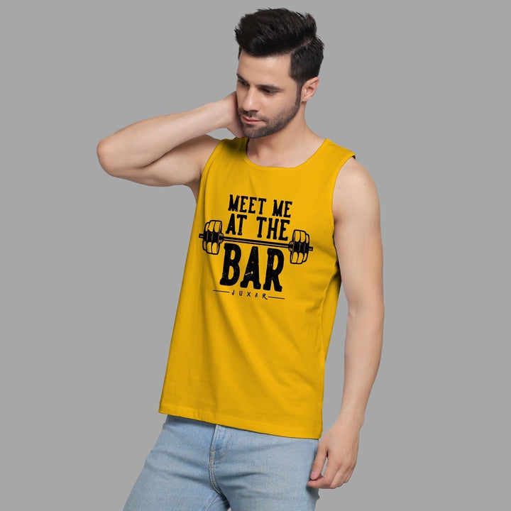 Juxar 2025 fashion sando for men in yellow with Meet Me At The Bar graphic design