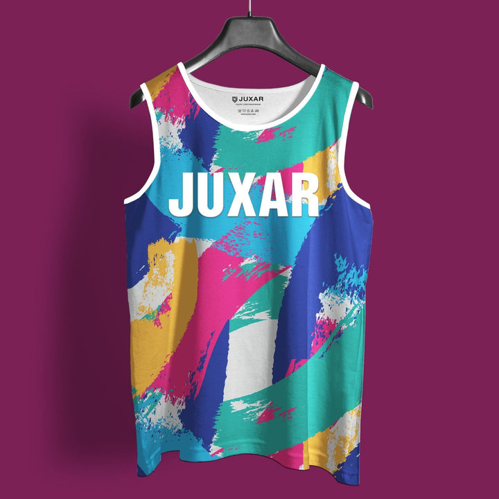 Juxar colorful abstract print sando for men with white trim on a hanger