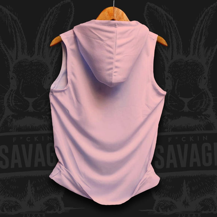 Juxar mens adult hoodie tank top in light pink sleeveless design with hood hanging on wooden hanger
