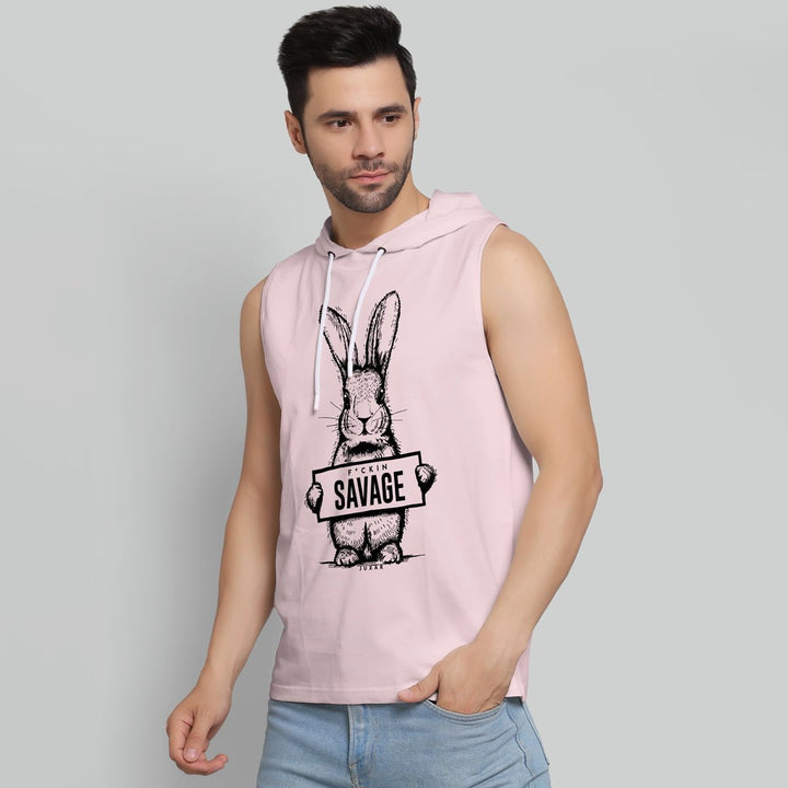 Juxar mens pink adult hoodie tank top with sleeveless design and savage bunny graphic print
