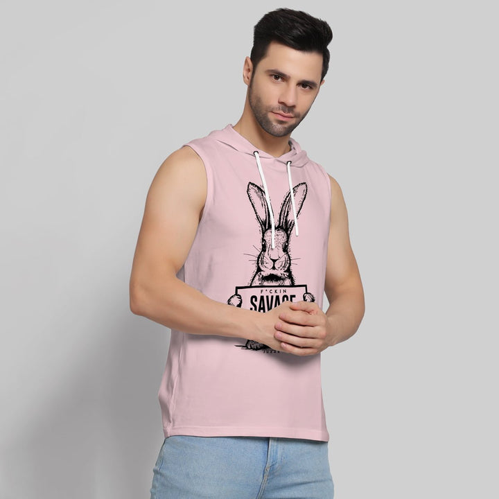 Juxar men's adult hoodie tank top in light pink with sleeveless design and graphic rabbit print