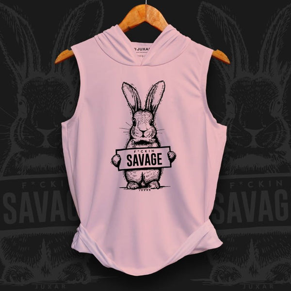 Juxar mens adult hoodie tank top in light pink with sleeveless design and savage bunny graphic
