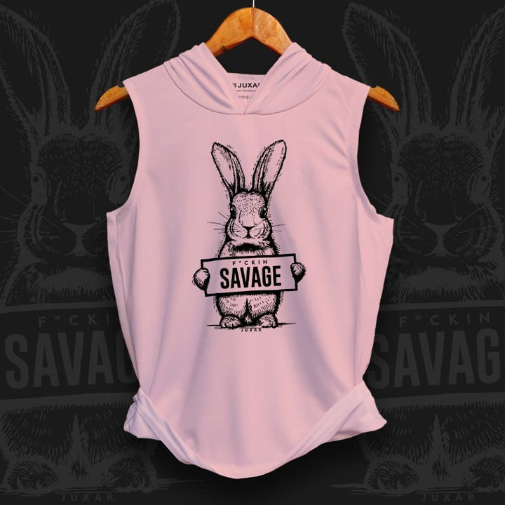 Juxar mens adult hoodie tank top in light pink with sleeveless design and savage bunny graphic