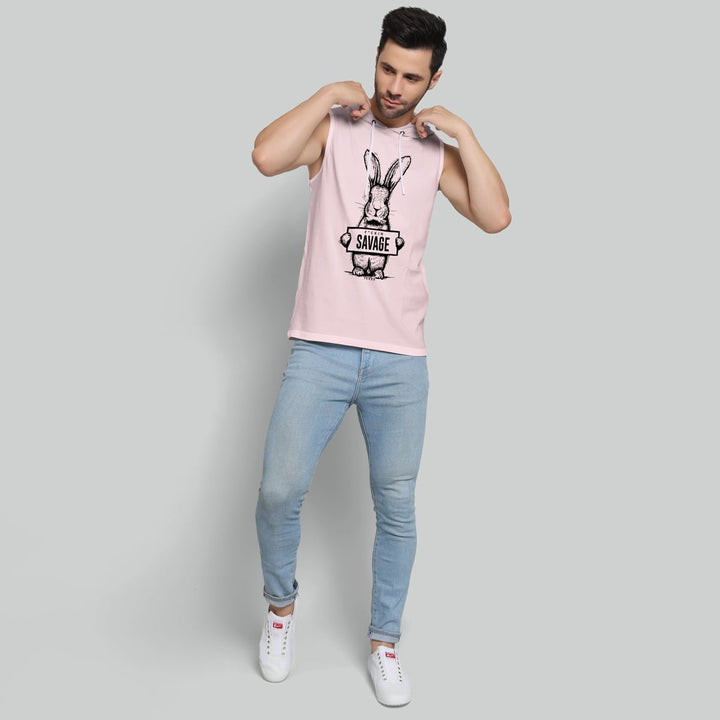 Juxar men's pink adult hoodie tank top with rabbit graphic and savage text, paired with light blue jeans