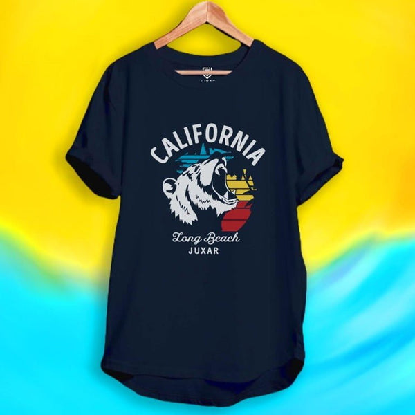 Juxar navy longline tee with California bear sunset graphic and Long Beach text aesthetic cotton longline t shirt