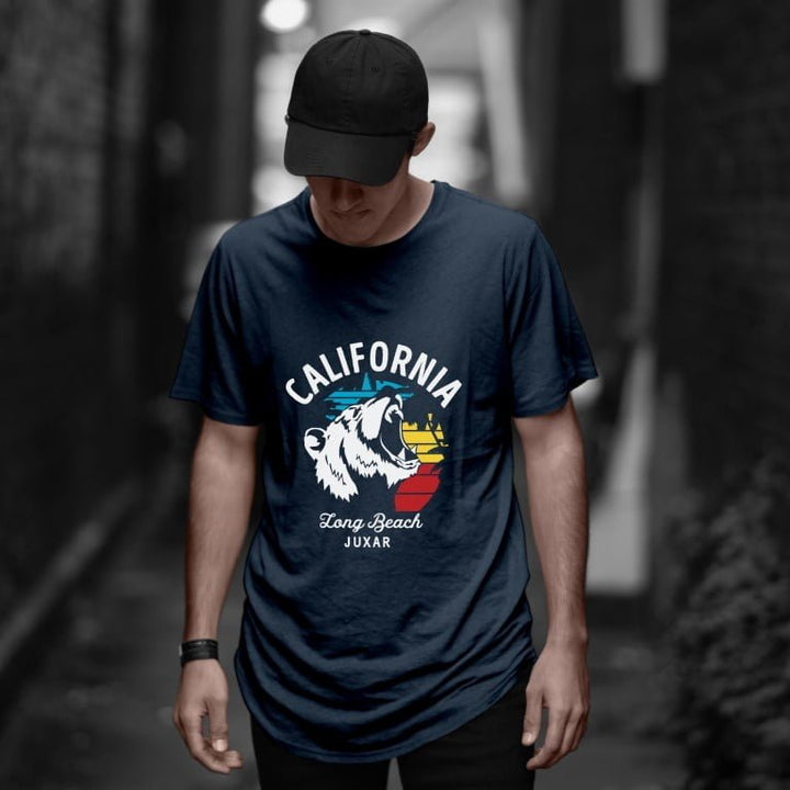 Juxar aesthetic cotton longline t shirt navy with California Long Beach roaring bear graphic worn by male model