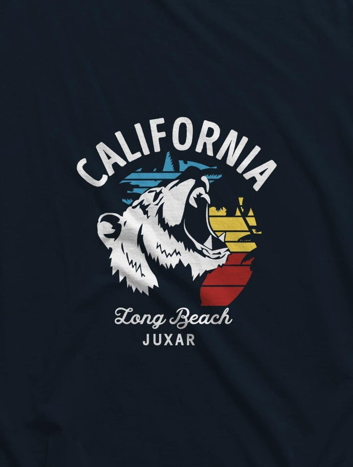 Juxar aesthetic cotton longline t shirt navy with California roaring bear and sunset stripe Long Beach graphic