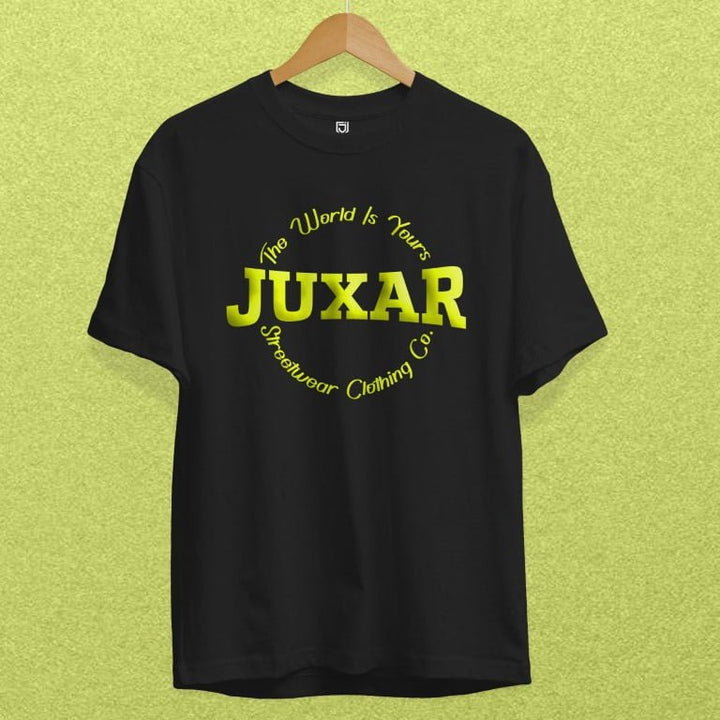 Juxar black affordable cotton t shirts with yellow logo and streetwear text on front