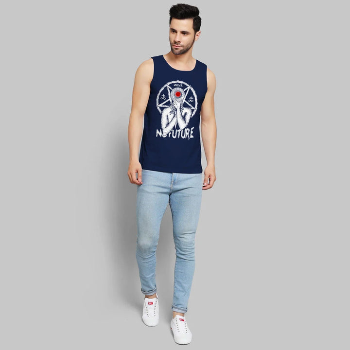 Juxar alternative goth sando for men in navy blue with graphic design, paired with light blue jeans and white sneakers