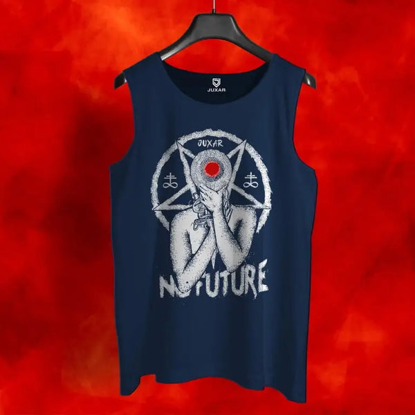 Juxar alternative goth sando for men in navy blue with graphic print and sleeveless design