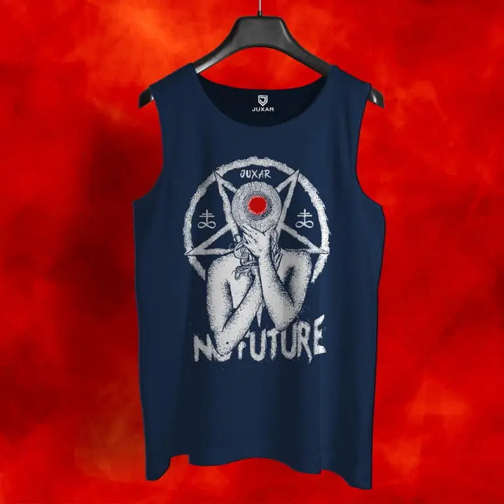 Juxar alternative goth sando for men in navy blue with graphic print and sleeveless design