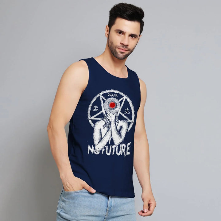 Juxar alternative goth sando for men in navy with pentagram and red circle graphic design