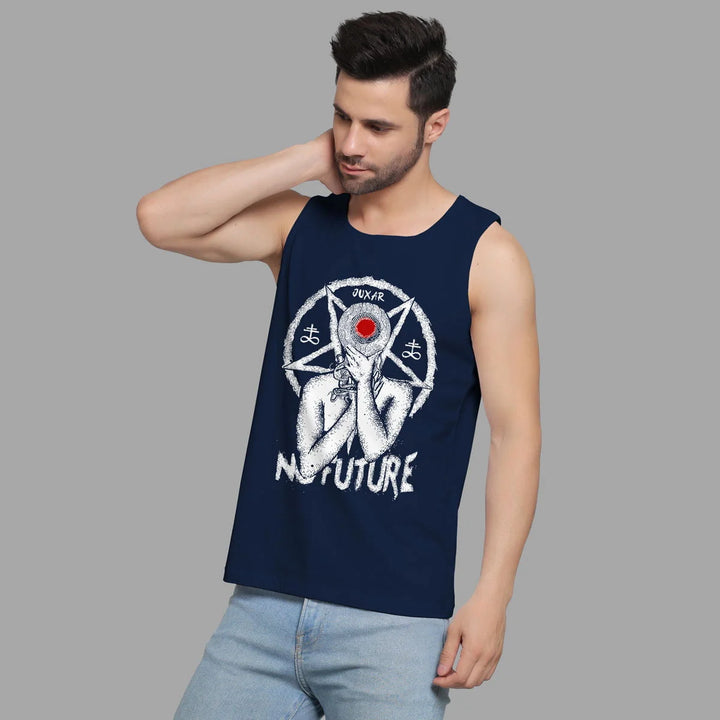 Juxar alternative goth sando for men in navy with graphic pentagram and No Future text