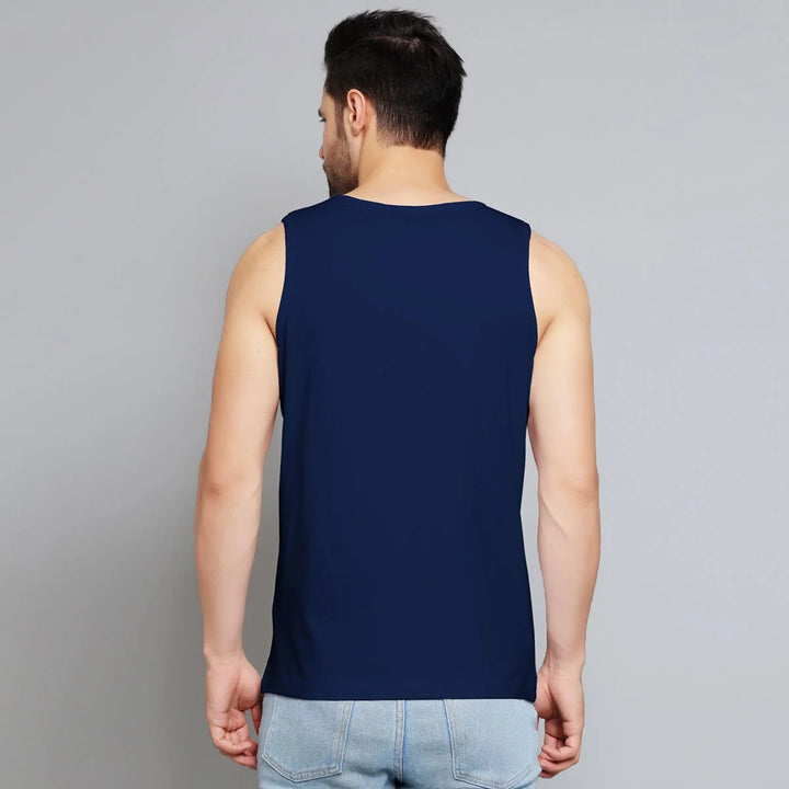 Juxar alternative goth sando for men in navy blue sleeveless tank top back view
