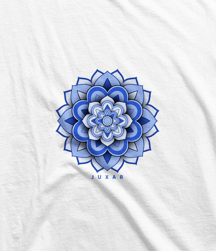 Juxar men's artistic mandala gym wear featuring a blue and grey layered mandala design on white fabric