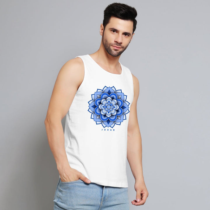 Men's Juxar white tank top with blue artistic mandala gym wear design