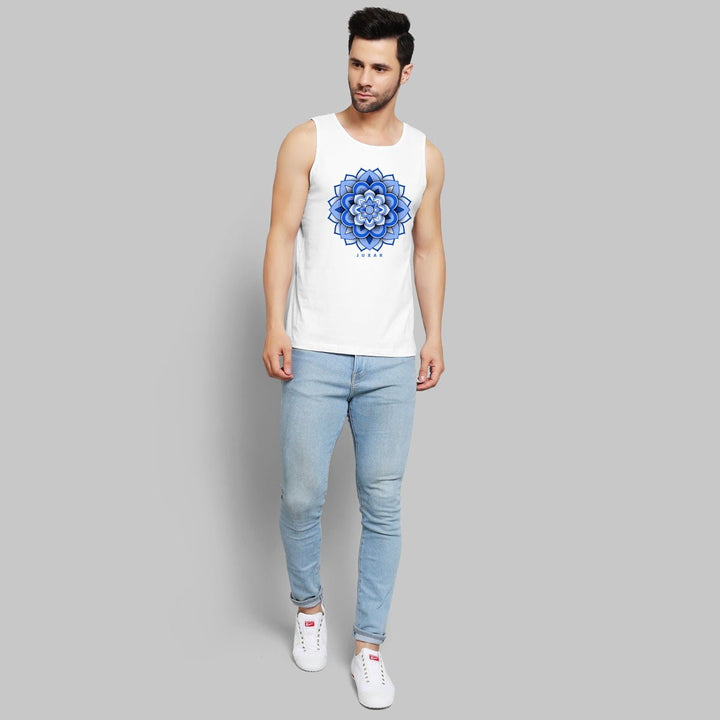 Mens white sleeveless top with blue artistic mandala gym wear design by Juxar