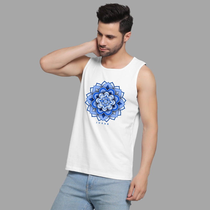 Juxar mens white tank top with blue artistic mandala gym wear design, casual workout style