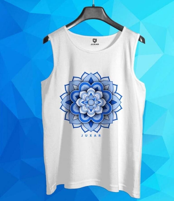 Juxar men's white sleeveless gym tank top with blue artistic mandala gym wear design