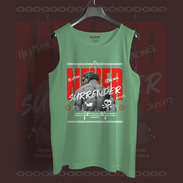 Juxar men's artistic print sando in green with bold red text and graphic design on front