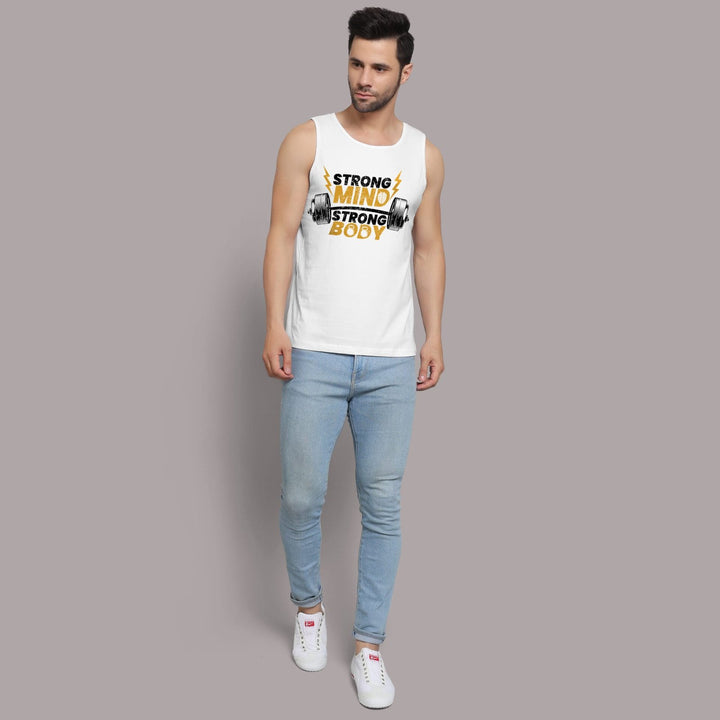 Juxar men's athletic sleeveless gym wear white tank top with strong mind strong body print