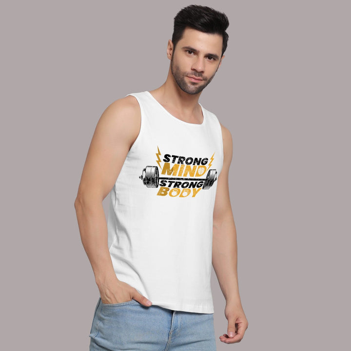 Juxar men's white athletic sleeveless gym wear tank top with strong mind strong body print