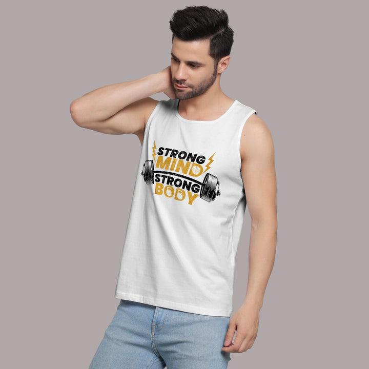Juxar men's white athletic sleeveless gym wear with strong mind strong body graphic