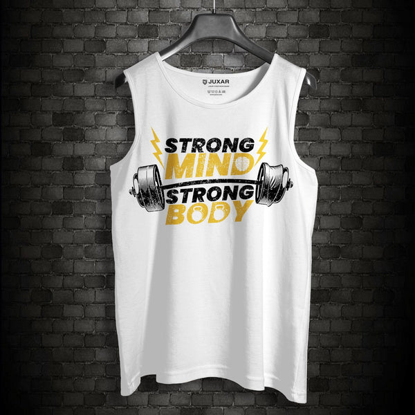 Juxar men's white athletic sleeveless gym wear with strong mind strong body graphic design