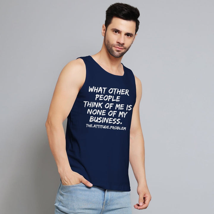 Juxar mens attitude statement sando in navy blue with white motivational text front