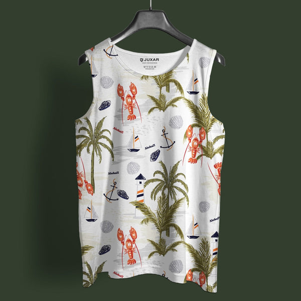Juxar mens beach themed summer sando with palm trees lobsters anchors and sailboats print