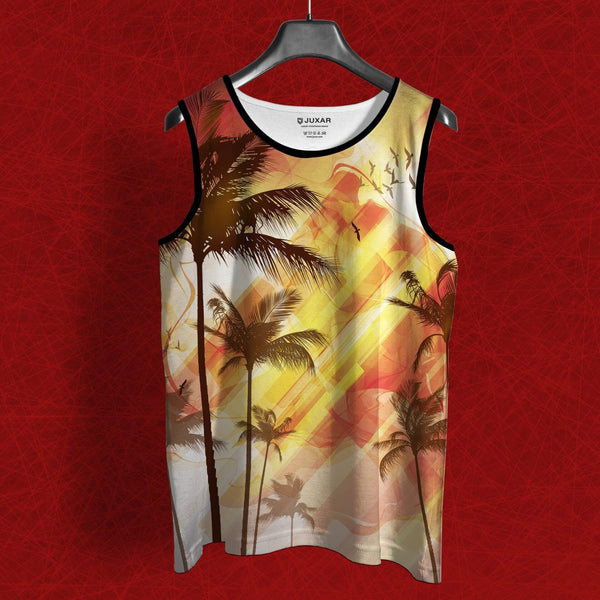 Juxar men's tank top with tropical palm tree design in warm tones for beach vibe summer sando style