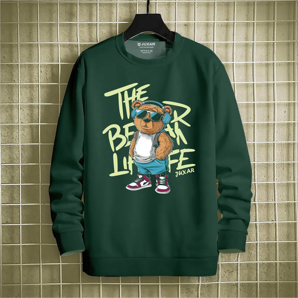 Juxar mens green bear graphic sweatshirt with cartoon bear wearing sunglasses and headphones