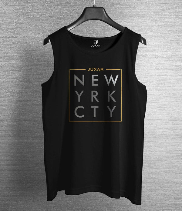 Black sleeveless men’s tank top with New York City graphic design best budget sando